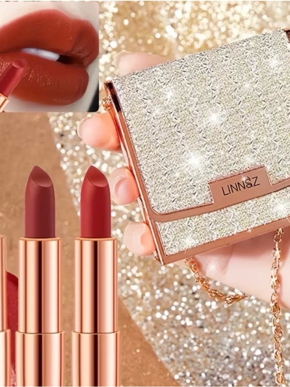 Shimmer Clutch & Red Lipstick Set - Rose Gold & Red - Picture 5 of 10